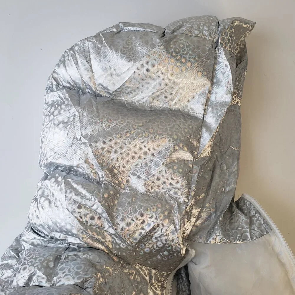 Silver Shine Holographic Crop Puffer Vest Rave Gem Y2K Style Zip + Side Strings - Picture 11 of 12